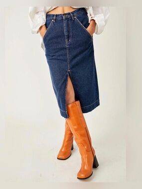 Free People Wild Roses Denim Midi Skirt Dark Blue Front Slit Boho‎ Western 31